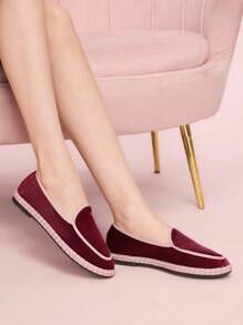 CUCCOO DOLLMOD Giày lười đế bằng vải nhung đỏ Burgundy cổ điển thoải mái cho nữ, thanh lịch và thời trang - Màu Đỏ Sâu - Xem 5