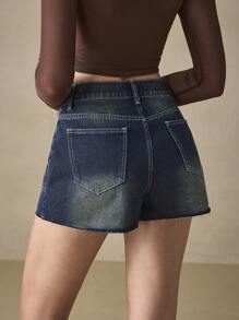 SHEIN BAE 女士夏季休闲水洗牛仔短裤 - 藍色 - 查看 2