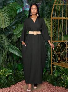 SOLERSUN Women's Fashionable V Neck Loose Batwing Sleeve Without Belt Dress For Holiday Maxi Women Outfit - Black - View 7