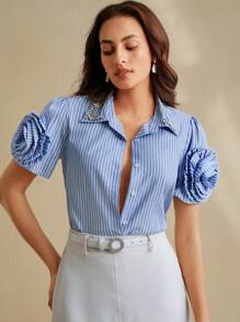 Anewsta Women's Blue Striped Casual Blouse With Pearl Embellished Collar And 3D Rose Short Sleeves