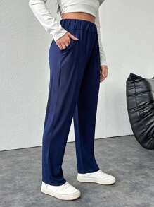 EURMUSE Của phụ nữ Kích thước lớn Eo đàn hồi Túi nghiêng Quần ống côn - Màu xanh hải quân - Xem 3