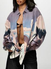 SUMWON WOMEN Scenic Print Long Sleeve Resort Collection Shirt Blouse Luxury Vacation Holiday Summer Casual Beachwear Button Down Top Travel Leisure Wear - Multicolor - View 4