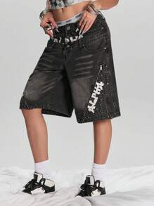 ROMWE Street Life 高街涂鸦印花拉链铆钉装饰复古水洗双腰带宽松女式牛仔裙裤 - 黑色 - 查看 5