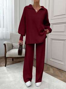 EURMUSE Rib Pattern Polo Neck Sweater And Pant 2pcs Set