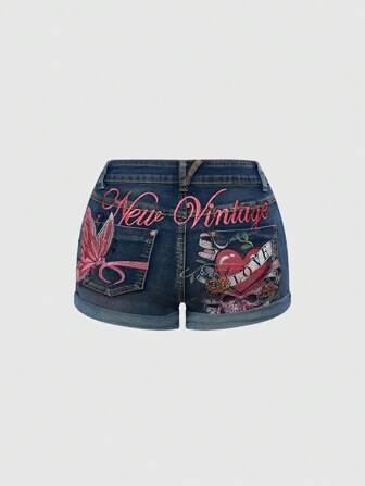 Fairycore Sommer Y2K Vintage Babe Skinny Totenkopf- & Schmetterlingsstickerei verwaschen Denim Shorts mit niedriger Taille für Frauen