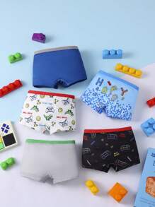 5 Packs Boys' Comfortable Dinosaur & Game Print Boxer Briefs