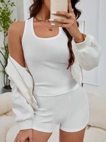 2pcs Women's U-Neck Ribbed Tank Top & Short Fitted Set - White - View 5