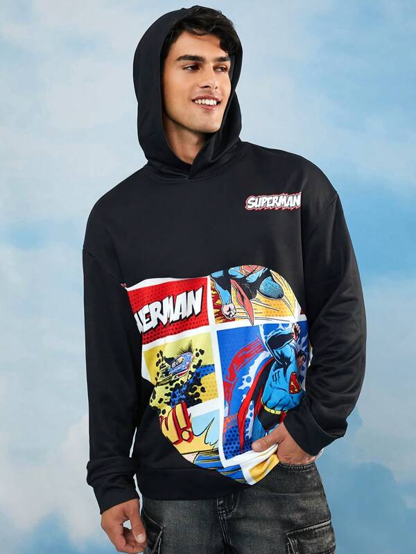 SUPERMAN X SHEIN Men's Casual Street Hero Character & Letter Print Drop Shoulder Loose Fit Sweatshirt Cartoon Sweatshirts Graphic Sweatshirts Comic Book Sweatshirts