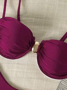 Swim Chiccia 纯色细肩带钢圈上衣和比基尼泳裤女式夏季泳衣套装 - 酒紅色 - 查看 3