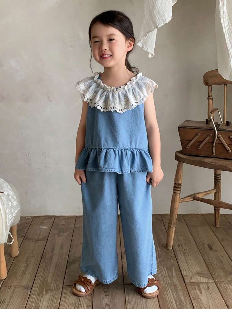 Ruffle Trim Denim Top And Pants 2-Piece Outfit For Young Girls
