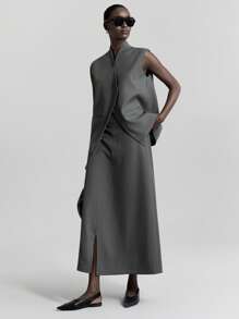 Ontre Conjunto de traje gris oscuro de estilo urbano con tela resistente a las arrugas que incluye blazer, chaleco y minifalda, atuendo de oficina casual, corte suelto