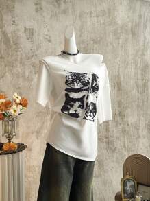 SHEIN Essnce Áo thun tay ngắn hở vai in hình mèo đen trắng cổ điển dành cho nữ, giản dị và tối giản - Nhiều màu - Xem 3