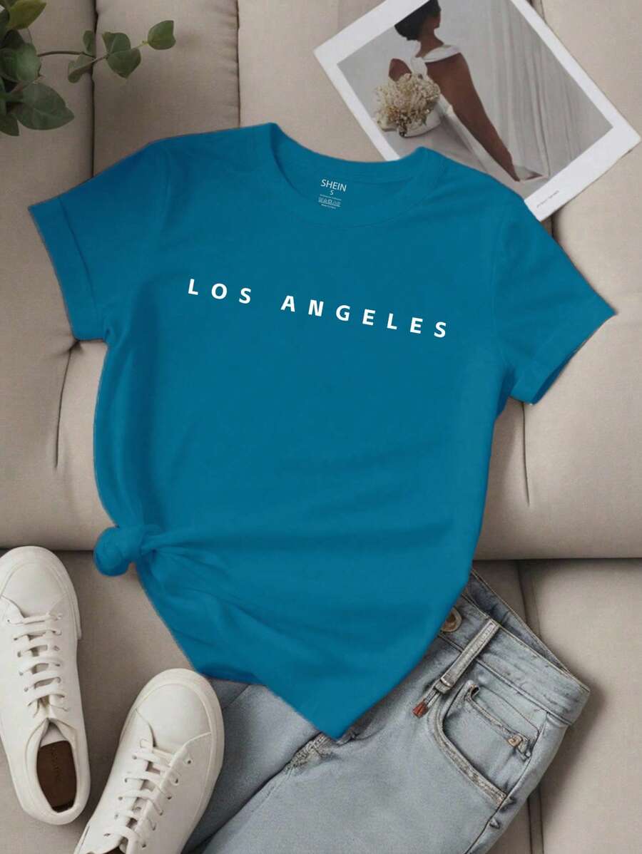 EMERY ROSE Women Slogan Letter Printed Short Sleeve T-Shirt LOS ANGELES Graphic Tees Women Tops - Teal Blue - View 1
