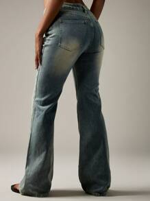 MISSGUIDED Quần Jeans Ống Loe Cạp Cao Phong Cách Y2K Retro Vintage Wash Quần Jeans Thời Trang Thu Đông - Rửa nhẹ - Xem 2