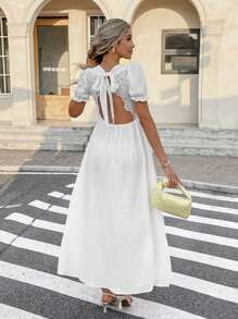 Serisse 女士棉质深V领蕾丝拼布露背连衣裙，优雅休闲度假连衣裙，派对连衣裙 - 白色 - 查看 3