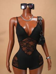 BamGleam 女式撞色蕾丝性感紧身连衣裤 - 黑色 - 查看 5