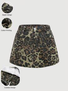 Sparklyn Tween Girls' Fashionable Leopard Print Denim A-Line Mini Skirt, Comfortable Casual Vacation & Street Style, Summer - Multicolor - View 1