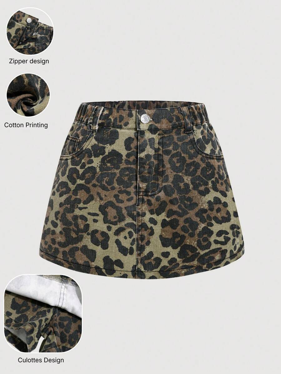 Sparklyn Tween Girls' Fashionable Leopard Print Denim A-Line Mini Skirt, Comfortable Casual Vacation & Street Style, Summer - Multicolor - View 1
