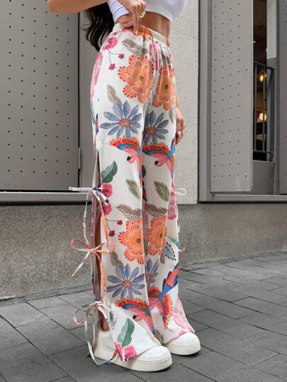 Damen Hose mit weitem Bein, Mehrfarbig Muster und mit Bindebändern