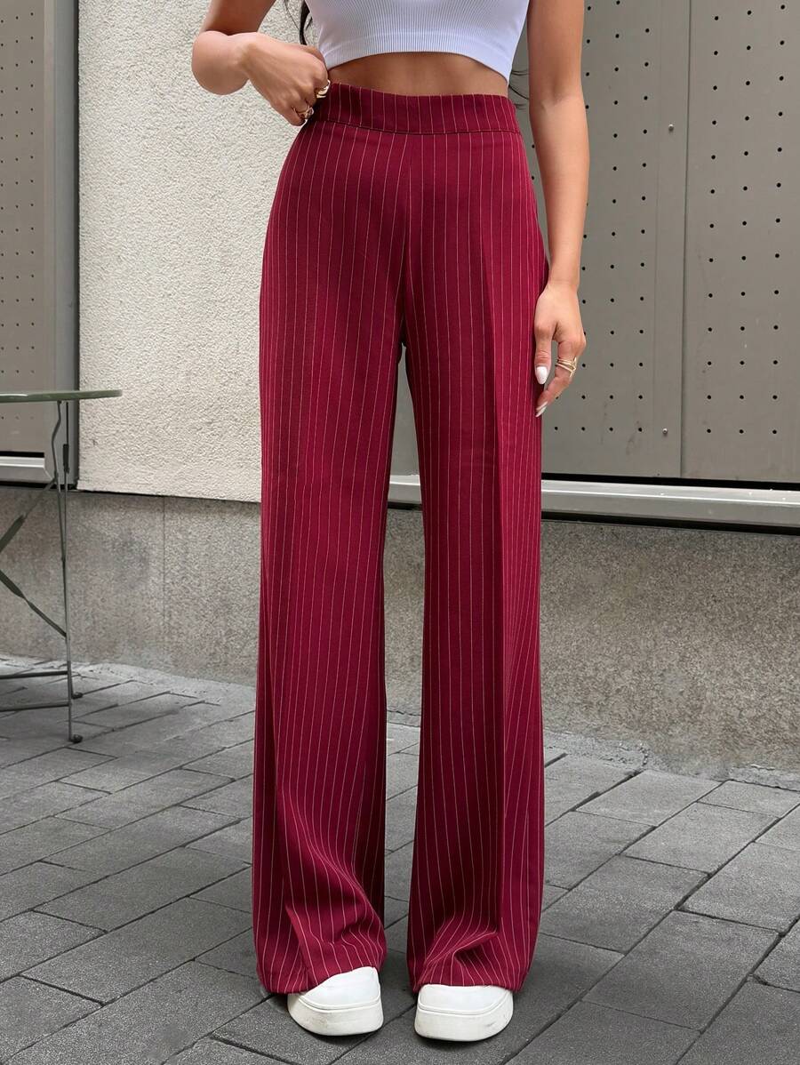 EURMUSE Business Collection, Pinstripe Trousers, Wide-Leg Design, High-Waisted Cut, Vertical Stripe Pattern, Premium Tailored Fabric, Classic Office Style, Elegant Professional Look, Full-Length Cut, Modern Business Wear, Sophisticated Work Attire Burgundy Wide Leg Pants Striped Wide Leg Pants Pinstripe Pants Womens Wide Leg Pants - Burgundy - View 1