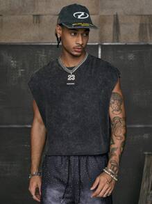 AXEPEAK 圆领数字印花宽松男式背心 - 黑色 - 查看 2