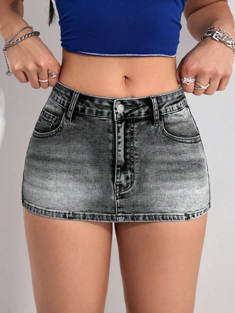 SHEIN PETITE 女式口袋装饰紧身性感迷你牛仔裙 - 淺灰色 - 查看 1