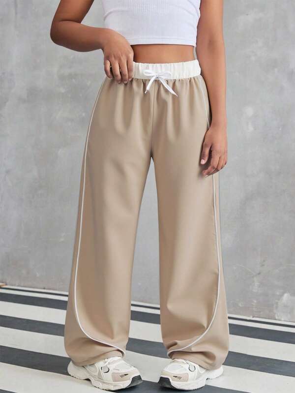 Wildeya Pantalon large noir et blanc à coupe ample avec bordure contrastée, style décontracté et polyvalent pour jeunes filles, idéal pour les vacances, l'été et les voyages