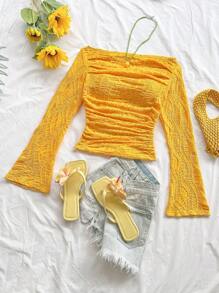 Soleia 女士纹理针织露肩喇叭袖修身上衣，适合度假、波西米亚风万圣节装扮、早午餐、生日派对、外出、约会、工作、锐舞派对等场合。 - 黃色 - 查看 7