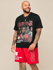 EASEVO Set di maglietta a girocollo con grafica e pantaloncini casual in maglia, taglia grande, per uomo - nero - Visualizzare 3