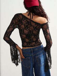 Bohemela 休闲纯色针织不对称领口喇叭袖修身短款女式上衣 - 黑色 - 查看 5