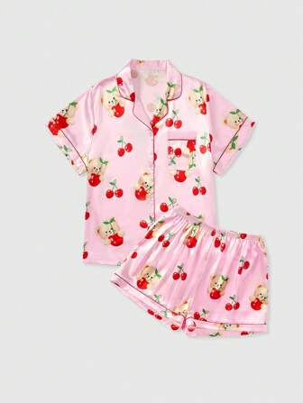 Kawaii Plus Size Summer Cute Bear & Cherry Print Satin Silky Soft Breathable Lapel Short Sleeve Shorts Pajama Set