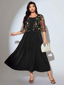 Modelyn 2 件套大码女式花卉刺绣网眼七分袖夹克和连衣裙，优雅 - 黑色 - 查看 6