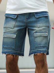 Manfinity Homme 男士休闲水洗牛仔工装短裤 - 藍色 - 查看 4