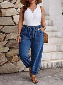 EMERY ROSE 加大码纯色口袋抽绳腰锥形时尚牛仔裤 - 深色水洗藍 - 查看 5