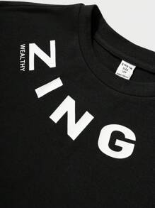SHEIN Tween Boys' Colorblock Letter Streetwear Print Black Short Sleeve T-Shirt,Casual Sporty Comfortable Soft Fabric,Suitable For School,Travel,Summer - Black - View 4