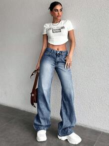 EURMUSE Quần Jeans Ống Thẳng Vintage Distressed 100% Cotton - Rửa trung bình - Xem 4