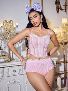 FairyFlirt 2pcs Kawaii Lolita Satin Floral Lace Criss-Cross Corset Set, Pink & White - Pink - View 6