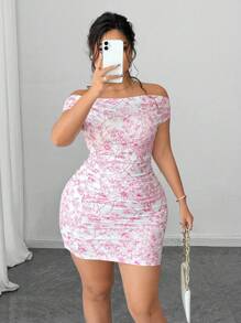 Elenzga 大码时尚露肩印花度假连衣裙 - 粉色 - 查看 5