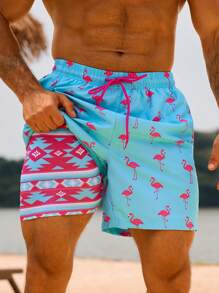 Surfspeed Men's Flamingo Print Drawstring Waist Beach Shorts - Multicolor - View 8