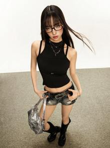 Rina Fox 2pcs/Set Women Fitted Sleeveless Top And Mini Shorts Outfit - Black - View 1