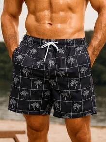 Manfinity Swimmode Men's Palm Tree Print Drawstring Waist Beach Shorts - Black - View 4