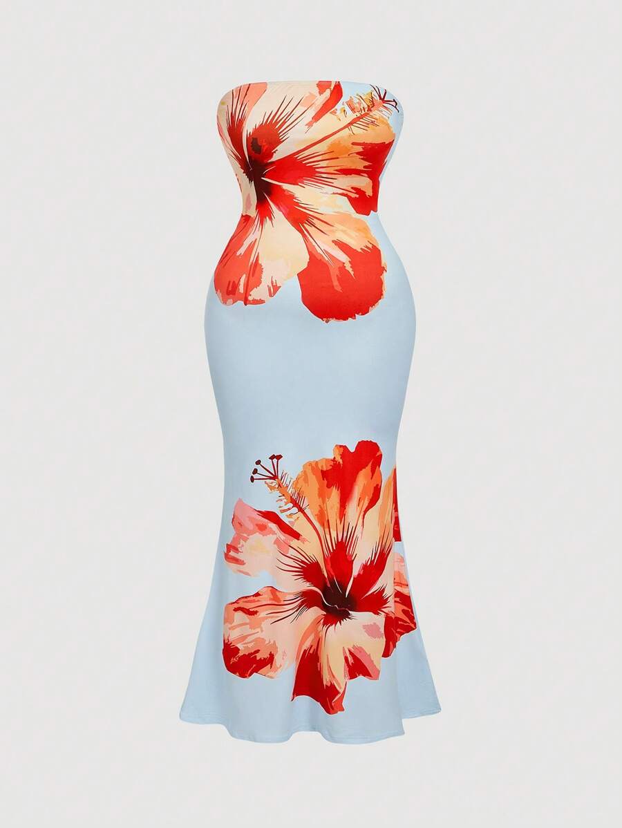 SHEIN MOD 大码蓝色浪漫优雅花卉印花露肩美人鱼连衣裙 - 藍色 - 查看 1
