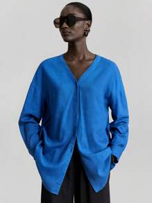 Ontre 2025 春秋女士休闲宽松落肩长袖衬衫，百搭适合办公室通勤 - 藍色 - 查看 4