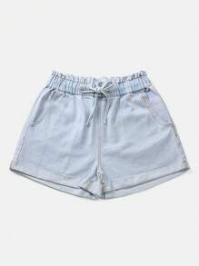 SHEIN Summer Casual Washed Drawstring Waist Denim Shorts - Multicolor - View 3