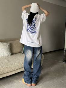 Strévra 女式宽松后背印花落肩T恤、图案T恤、返校服 - 白色 - 查看 7