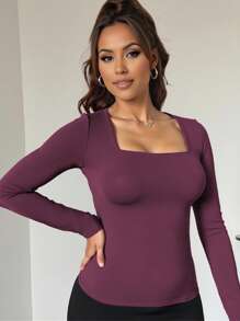 Zyxie تي شيرت قطني بأكمام طويلة وياقة مربعة مناسب للمرأة كبيرة الحجم، موسم الخريف