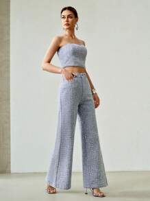 MOTF PREMIUM SEQUIN TEXTURE BANDEAU FASHIONABLE DENIM SET - Baby Blue - View 4