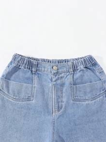 Tween Girl 水洗蓝阔腿牛仔裤，休闲时尚的学院风，推荐日常穿着 - 淺色水洗藍 - 查看 7