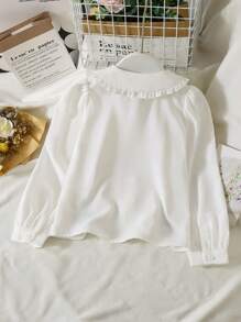 SHEIN LMoss Kids 可爱百搭都市休闲长袖彼得潘领衬衫，适合年轻女孩 - 白色 - 查看 2