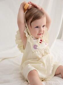 Cozy Pixies Bộ đồ liền thân tay ngắn cổ vuông họa tiết hoa 3D cho bé gái kèm quần short, thoải mái và đa năng - Nhiều màu - Xem 5